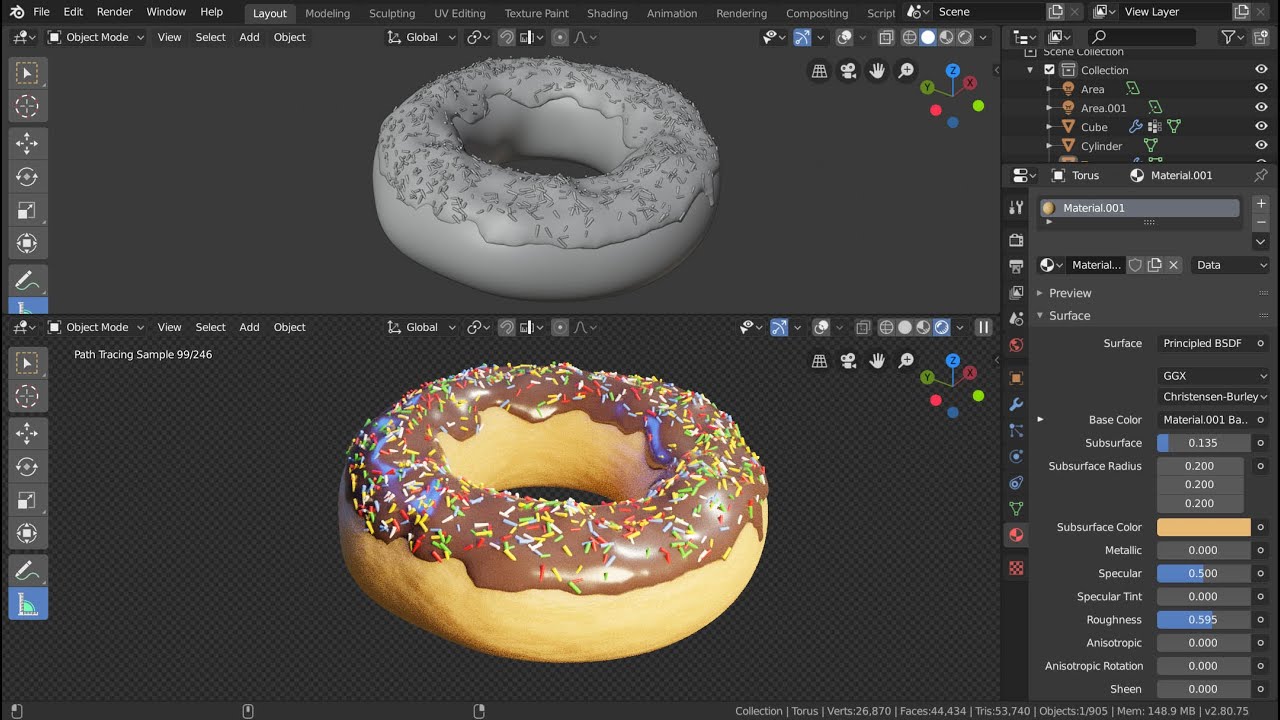 Render de una dona glaseada en un plato, hecha en Blender